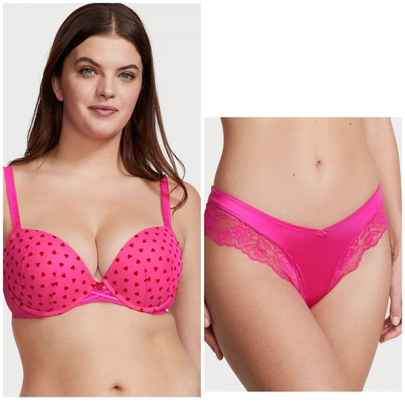 CLEARANCE Victoria’s Secret Satin Heart Push up bra 34C and Cheeky Panty Lge - Picture 1 of 7